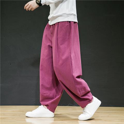 Pantalones largos de lino fino de primavera y verano de estilo chino, pantalones largos de pierna ancha de talla grande más gordos, pantalones harem casuales de algodón y lino