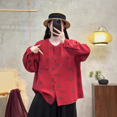 古咖服饰秋季新款复古敦厚亚麻刺绣衬衫女圆领单排扣宽松长袖上衣