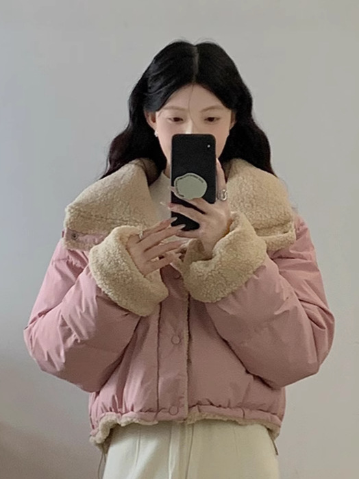 学院风翻领外套女韩版仿羊羔毛羽绒棉服宽松双面穿面包服外搭棉衣|undefined