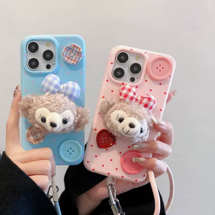 皮革纹适用苹果16PRO毛绒达菲熊手机壳iphone13/11防摔软壳保护套