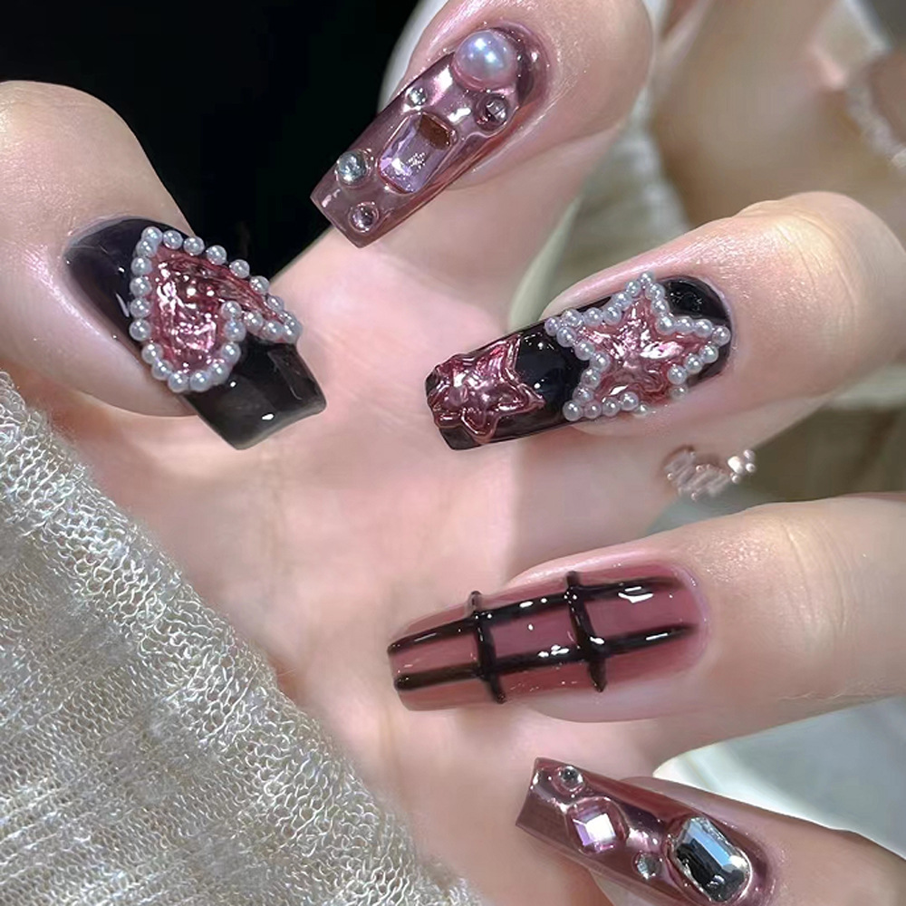 Dulce amor, uñas de uñas desmontables, tela de cuadros tridimensionales, parche de uñas de estrella de cinco puntas, uñas portátiles de diamantes de gran venta