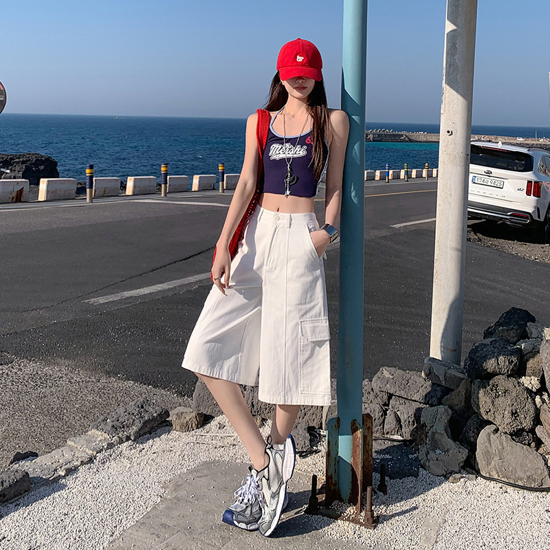 White Multi-Pocket Cuswork Denim Shorts Women's Summer New Arrival Loose Wide-Leg All-Match Mid-Pants Casual Capri Pants