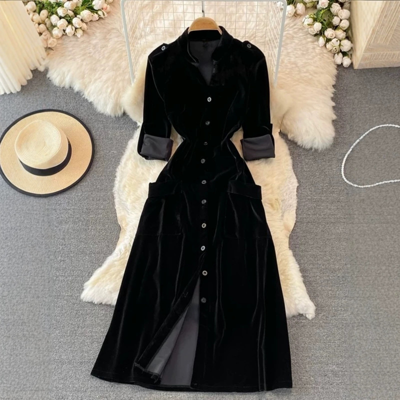 Amazon Temu French-Style Autumn and Winter Retro Waist-Cinching Pocket Single-Breasted Velvet Cardigan Dress for Women Amazon Temu French-Style Autumn and Winter Retro Waist-Cinching Pocket Single-Breasted Velvet Cardigan Dress for Women