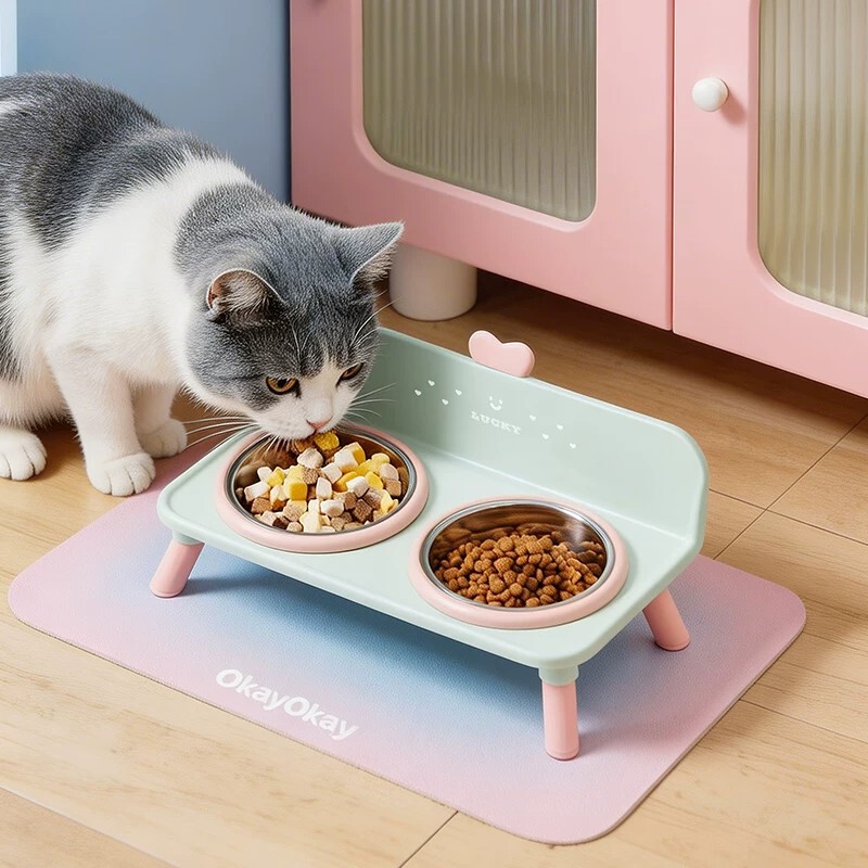 Factory cat bowl, stainless steel elevated bowl, anti-slip and anti-spill dog bowl, cat neck-protecting elevated double bowl, pet bowl for wholesale Factory cat bowl, stainless steel elevated bowl, anti-slip and anti-spill dog bowl, cat neck-protecting elevated double bowl, pet bowl for wholesale