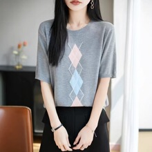 精纺羊毛女装法式红色菱格提花短袖针织衫女夏季设计感毛衣小上衣