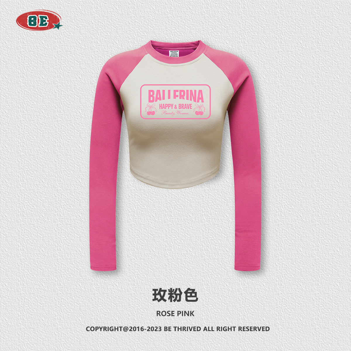 BE ropa de mujer | 2025 otoño e invierno retro americano marca de moda raglán estampado de contraste camiseta de manga larga chica caliente blusa corta mujer image 7