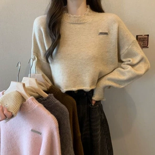 高腰圆领套头毛衣女秋冬小个子宽松慵懒风短款毛边破洞针织上衣