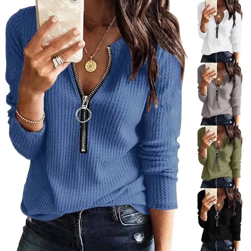 2022 Autumn and Winter Waffle Knit V Neck Zipper Long-Sleeved Large Size Top T-Shirt for Women Casual Versatile Comfortable Casual