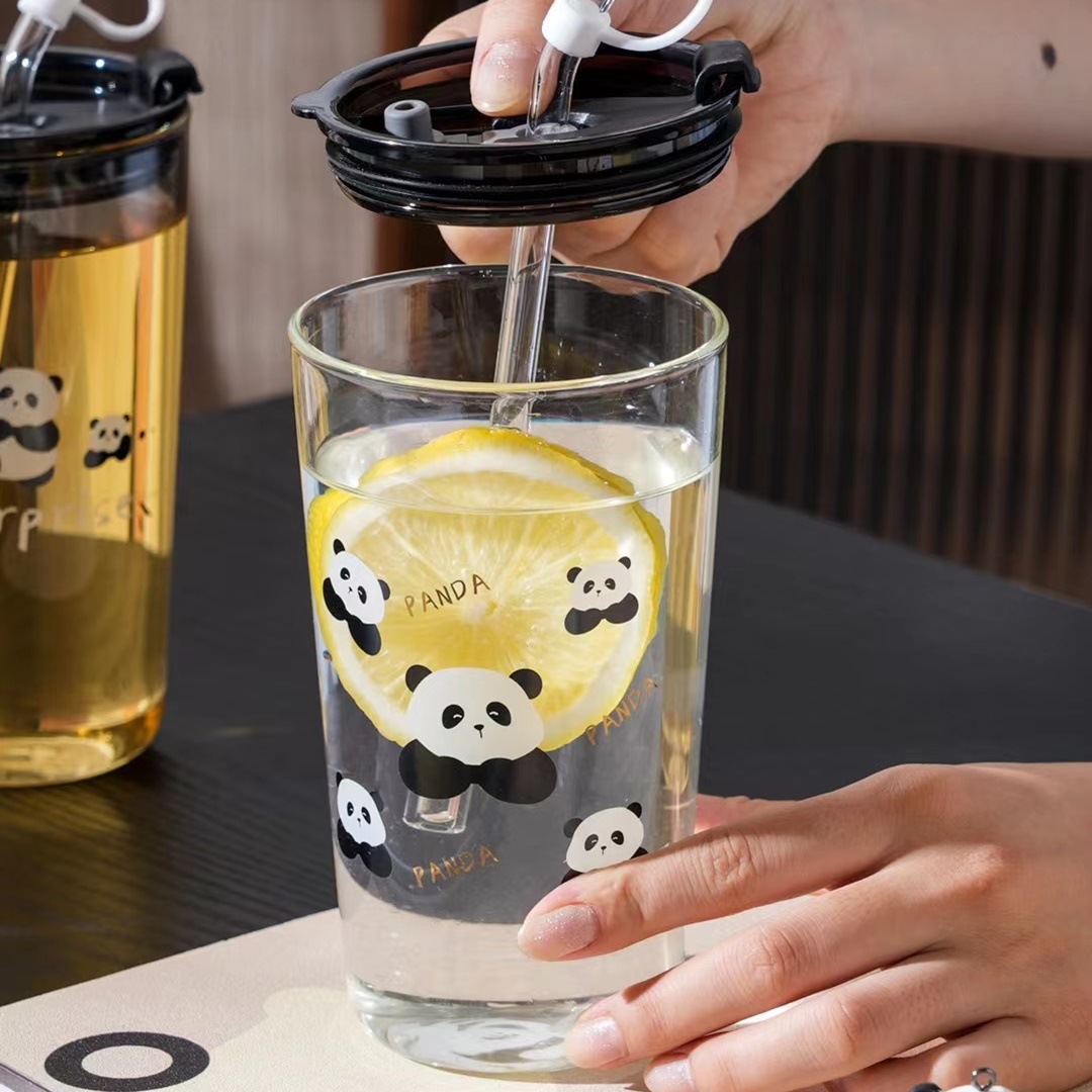 Creativo de dibujos animados Panda vidrio taza de paja lindo hogar beber taza de alta apariencia de regalo beber taza de gran capacidad