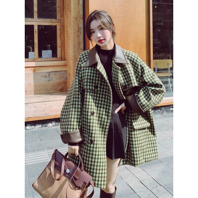 Korean Retro green lattice Fur coat 2022 Autumn and winter new pattern temperament With cotton thickening Woollen cloth overcoat