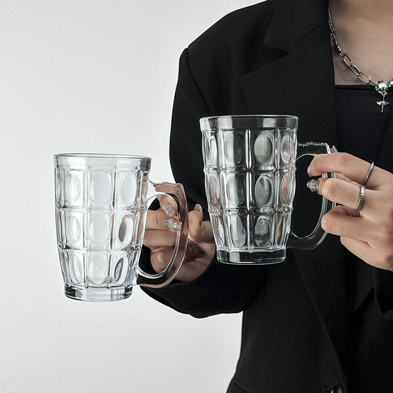 Taza de cerveza de aluminio, mango de vidrio resistente al calor, tamaño de taza de cerveza, capacidad redonda, transparente, taza de cerveza comercial, taza de agua