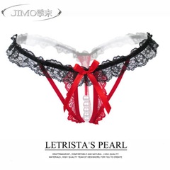 Lingerie for women with lace trim, pearl massage open-leg thong with transparent elastic T-shape underpant.