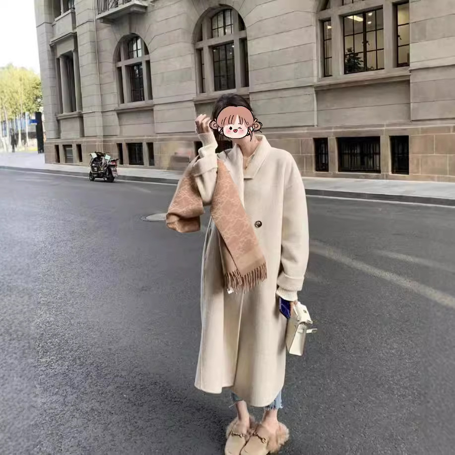 Autumn and Winter Long-Haired Double-Sided Wool Coat for Women, Korean Style Loose Woolen Coat, Mid-Length Over-The-Knee Long-Sleeved Coat with Large Lapels