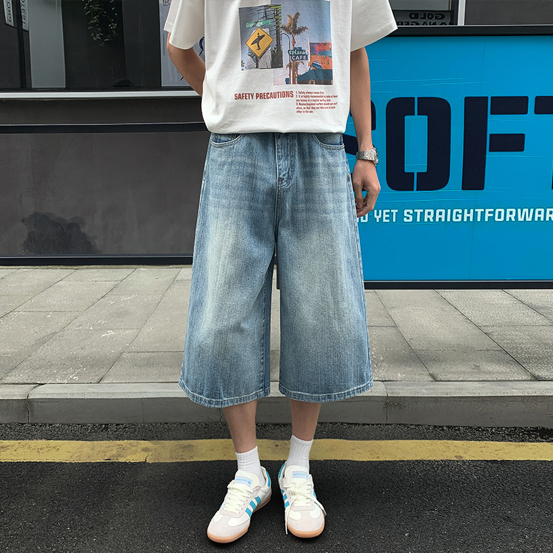 American Retro Washed Denim Shorts for Men, Summer Casual Versatile Sports Loose Wide-Leg Straight Shorts