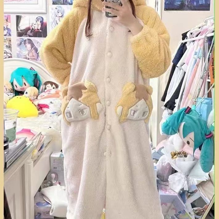 卡通动漫孤爪珊瑚绒睡衣女秋冬季保暖长款睡袍睡裤套装学生家居服|undefined