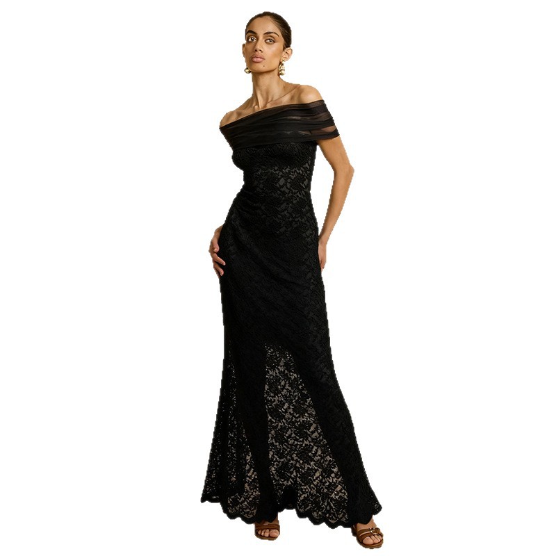 Transfronterizos Europa y América ropa de mujer otoño nuevo hombro perspectiva de encaje sexy tenedor delgado vestido de cadera para mujeres image 6