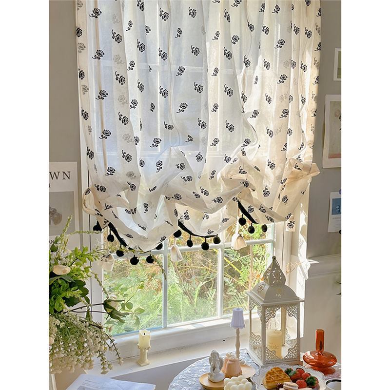 French-Style Black Rose Print Curtains, Chanel-Style Sheer Curtains with Tiebacks, Small Window Bay Window Hepburn-Style Half Curtains