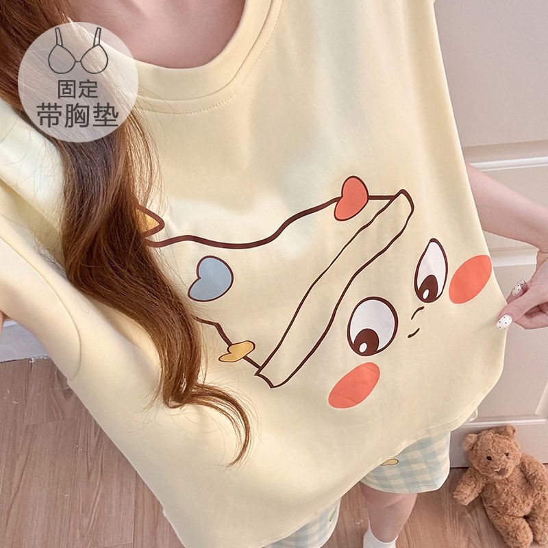 Ice Silk Cotton Pajamas for Women, Summer Sweet Cartoon Short-Sleeved Shorts, Plus Size 110kg Loungewear That Can Be Worn Outside