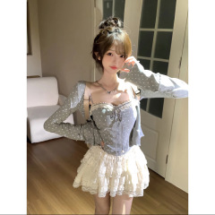 早秋氛围感穿搭一整套纯欲甜美吊带开衫上衣蛋糕短裙三件套小个子