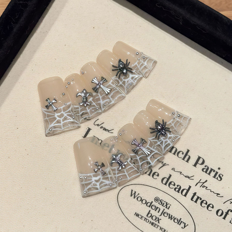 Taiwu Crow Heart Cross Hand-Painted French Spider Web Cross-Border European and American Style Duckbill Nails Removable Wearable Nails