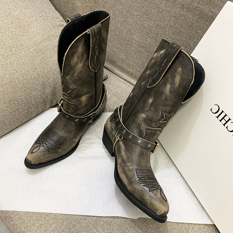 Bestickte Western Cowboy Damenstiefel aus echtem Leder, gebürstet und gebraucht, kurzer Stiefel, dicker Absatz, spitz,_voghion.com