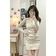 领长袖针织连衣裙女秋春夏配大衣内搭辣妹修身打底包臀短裙子