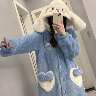 Cinnamon Dog Pajamas for Women Winter Coral Fleece Plus Velvet Thickened Flannel Cute Hooded Big-Eared Dog Homewear Set