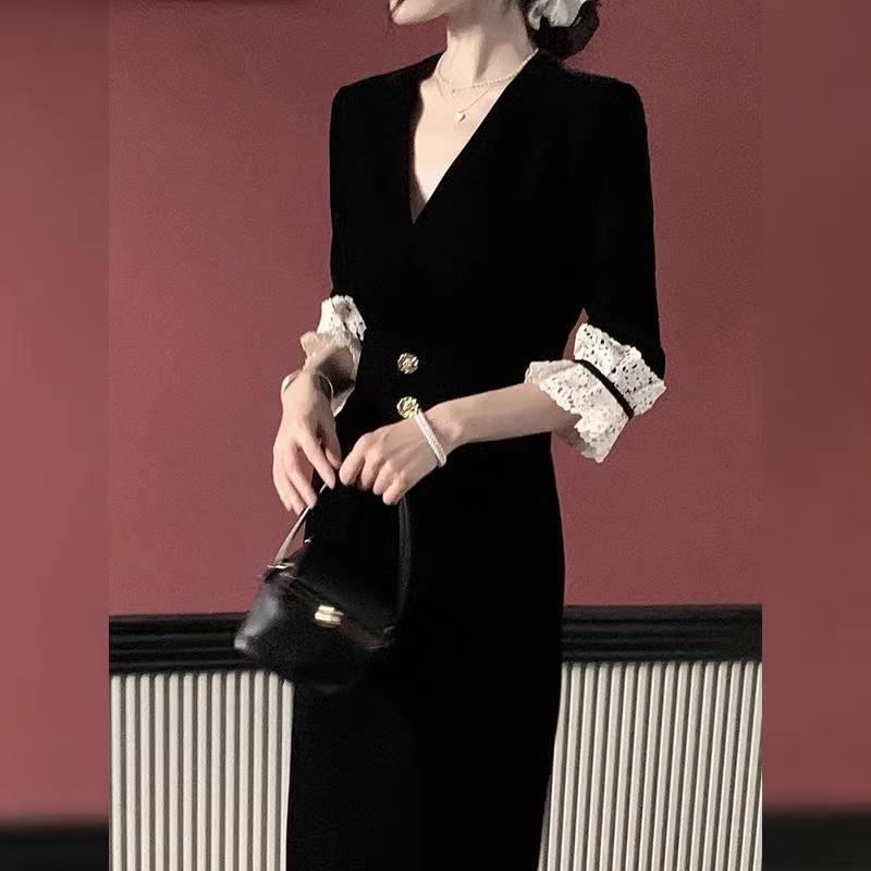 Cross-border Velvet Autumn and Winter Women's High-end Spring and Autumn 2024 New Formal Occasion Dress Hepburn Style Black Dress