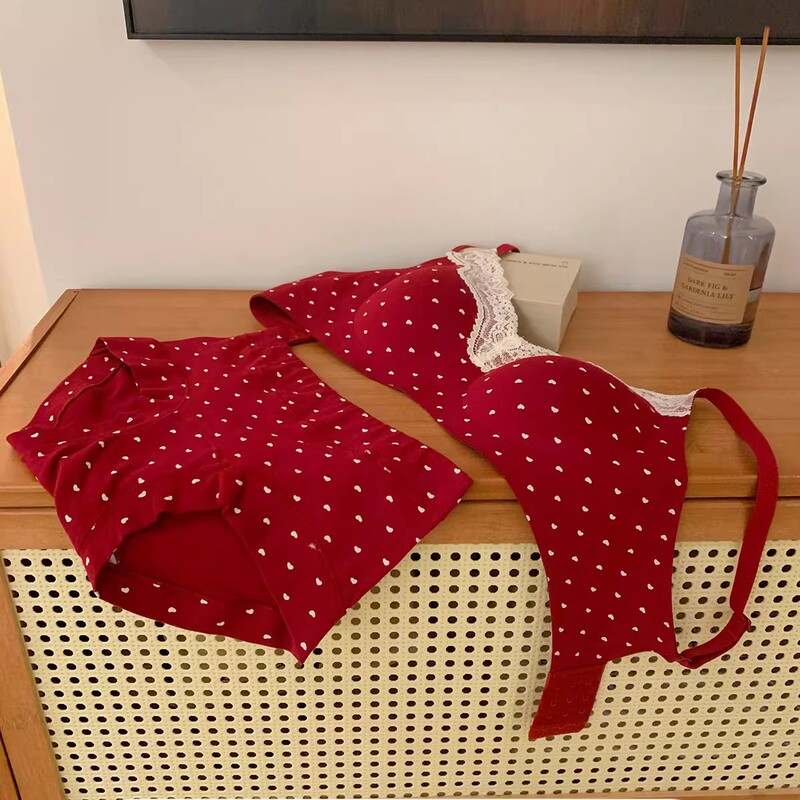 Red Zodiac Year Wedding Lingerie Set for Women with Small Busts, Seamless, Pure Desire Lace Trim Polka Dot Bra Red Zodiac Year Wedding Lingerie Set for Women with Small Busts, Seamless, Pure Desire Lace Trim Polka Dot Bra