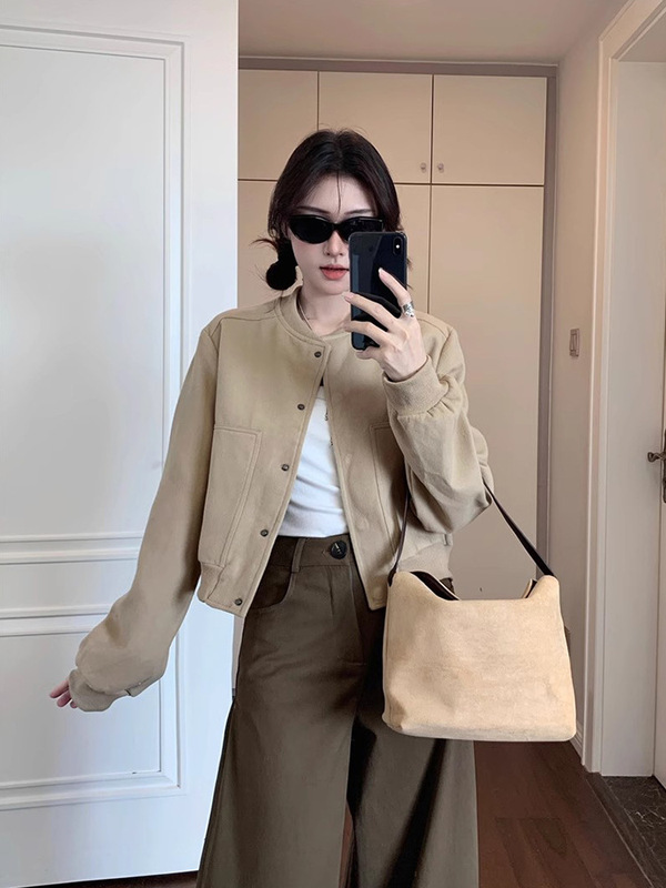 卡其色毛呢棒球服短外套女秋季美式风小个子短款气质oversize夹克|undefined