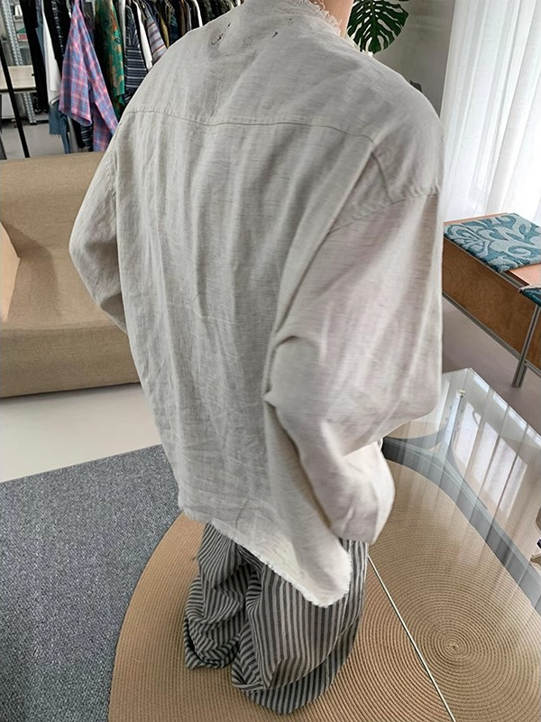 卡其色亚麻长袖衬衫男款夏季韩系港风复古英伦风宽松休闲垂感衬衣|undefined