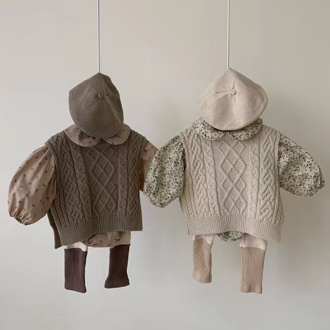 Versión Coreana de los niños ropa moda estilo cáñamo suéter doblado chaleco punto flojo chaleco + leggings polainas