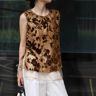 Two-Tone New Silk Velvet Burnt Flower Top with Organza Patchwork, Retro New Chinese Style Button Round Neck Asymmetrical Vest