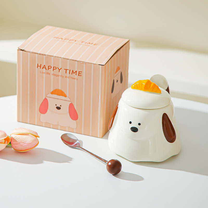 Cartoon dibujado a mano bolsas de corn de perro tazas de oficina encantadoras con tazas de agua cubiertas tazas de desayuno casero regalo de mano