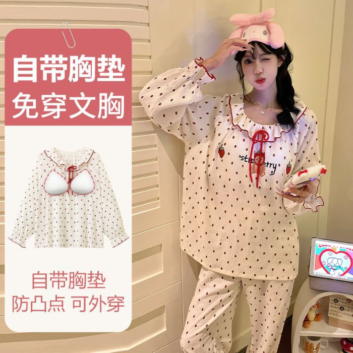 Pijamas al por mayor transfronterizos otoño nuevo estilo francés nubes de algodón cinturón almohadilla de pecho dulce borde de loto ropa de hogar para estudiantes