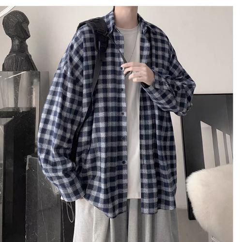 Men's Spring and Summer Long Sleeve Check Shirt, Layering Top, Retro Hong Kong Style, Relaxed and Cool Vibe, Loose Collared Shirt