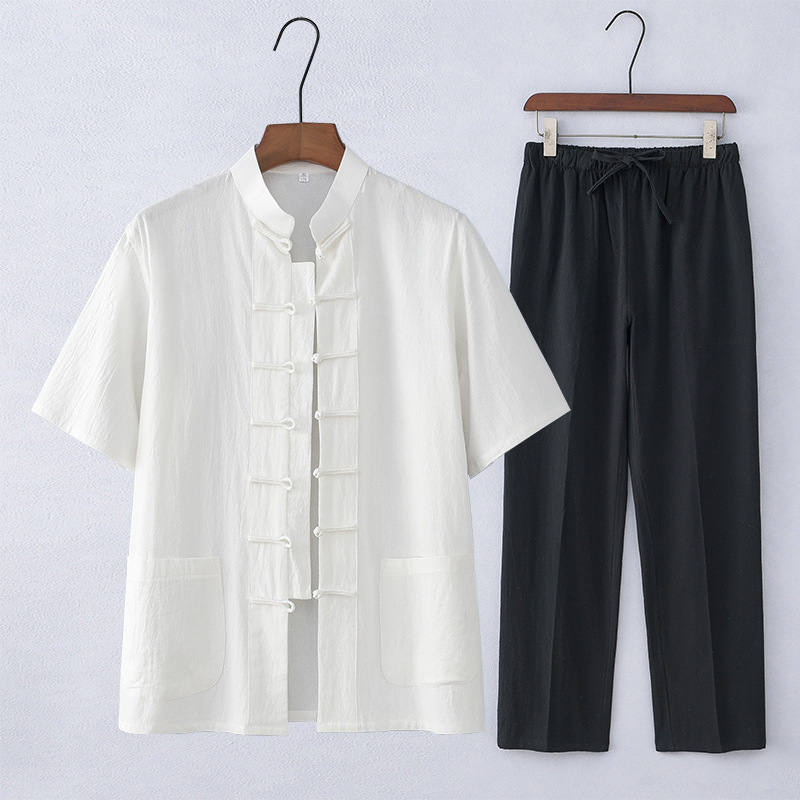 Traje Tang de estilo chino Traje de manga corta de algodón y lino para hombres de mediana edad y ancianos Traje Hanfu casual para hombres retro Traje delgado de verano