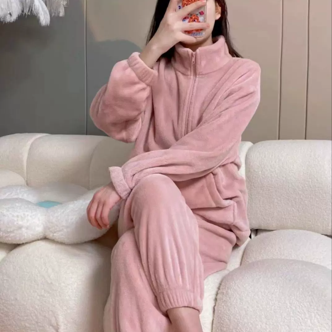 2023新款加厚保暖秋冬家居服套装休闲睡衣女拉链运动外套暖暖套装