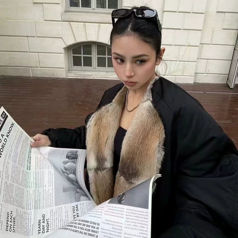 秋冬新款圆领大翻领短款青根貂皮毛领派克羽绒服女休闲时尚派克服|undefined