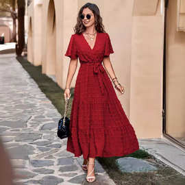 2024亚马逊新品女式波西米亚瑞士圆点长裙 V 领飘逸短袖系带A字裙