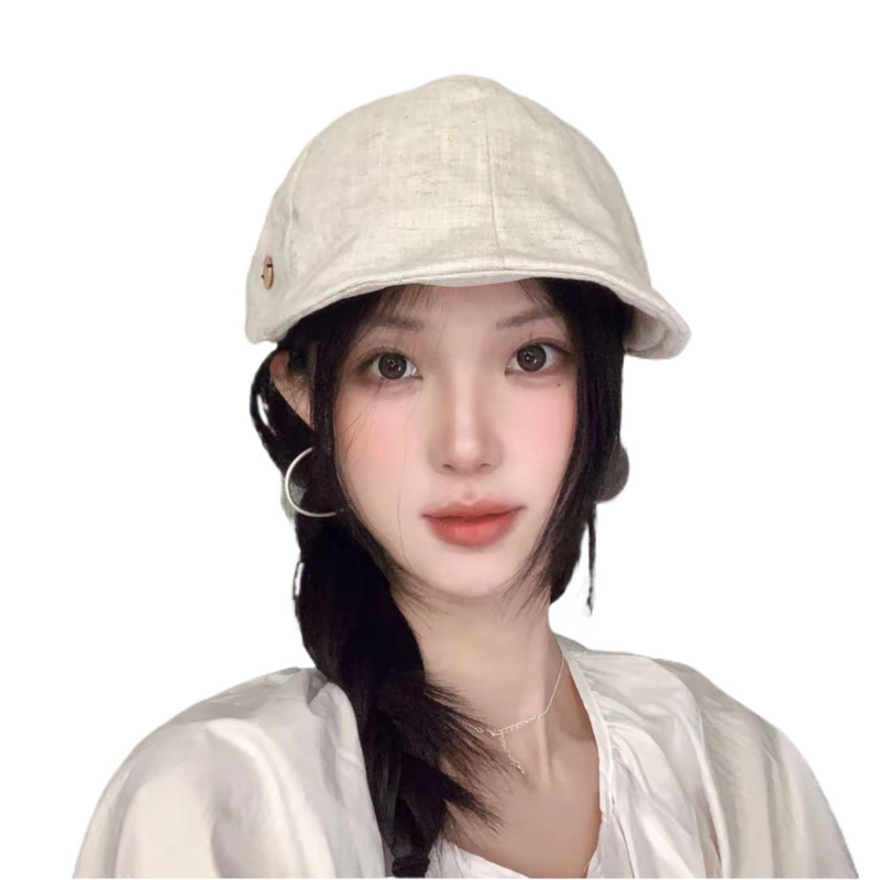 春夏复古纯色棉麻鸭舌前进帽子女显脸小轻薄透气个性报童帽|undefined