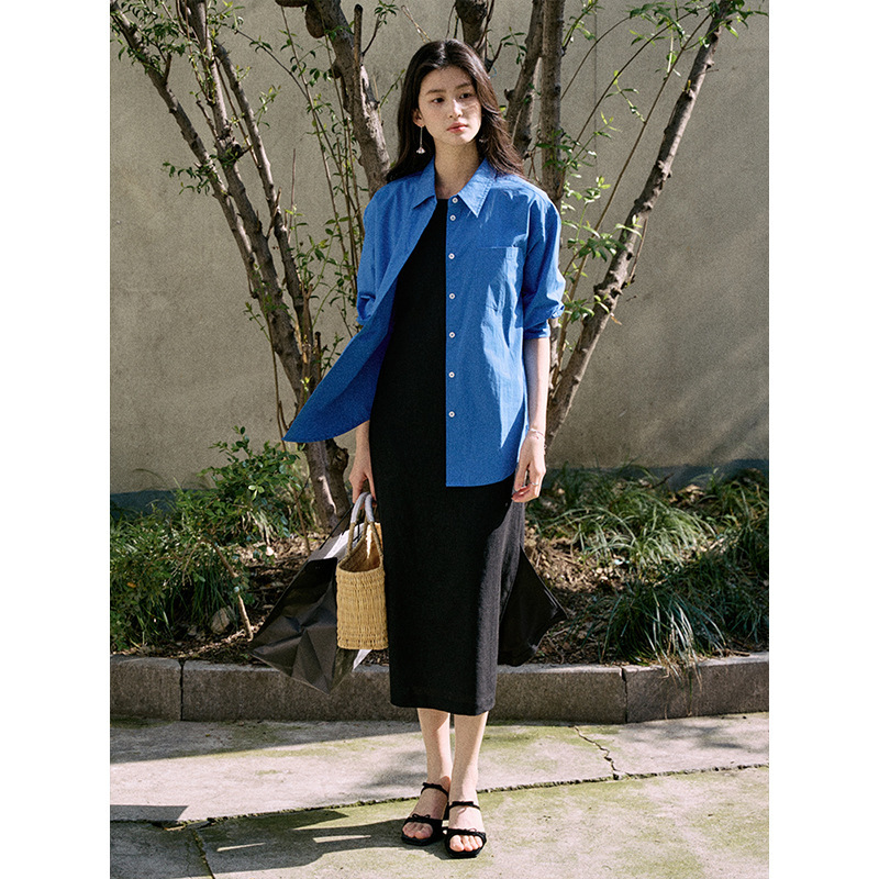 Jicouture克莱因蓝燕尾领精梳棉衬衫女秋季法式百搭通勤简约上衣|undefined