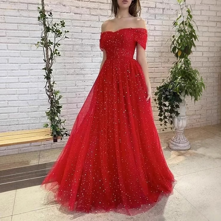 Vestido de noche para mujer, nuevo estilo de verano 2026, vestido de tul color borgoña con hombros descubiertos, estilo hada, cielo estrellado, para actuación de coro.
