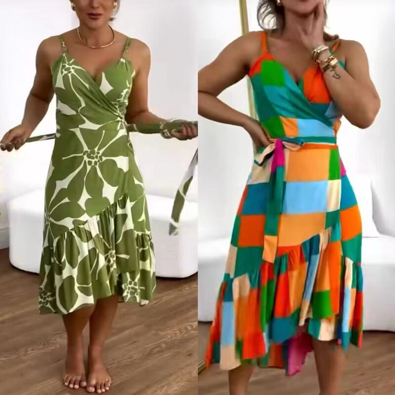 Cross-border Amazon Europe and America 2025 Summer New Fashion Sexy V-neck Printed Sling Cardigan Strap dress Cross-border Amazon Europe and America 2025 Summer New Fashion Sexy V-neck Printed Sling Cardigan Strap dress