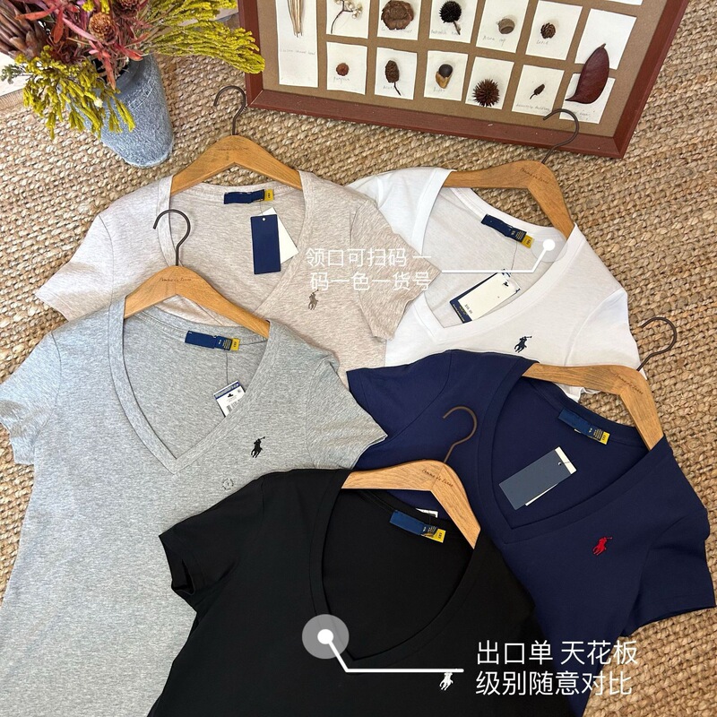 high quality Sweep Size Horse Mark RL Raff Women's Cotton Plain V-neck T-shirt Simple All-match Fashionable Short-sleeve T-shirt