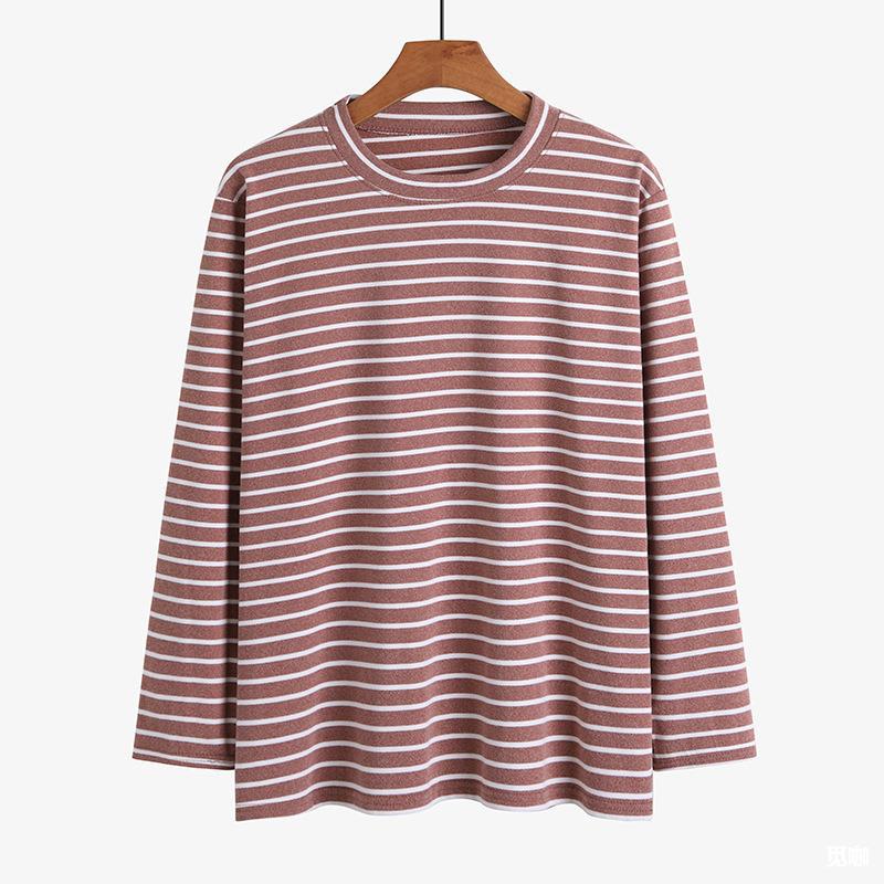 地摊货德绒低圆领上衣春秋款中老年条纹女秋装妈妈打底衫长袖t恤