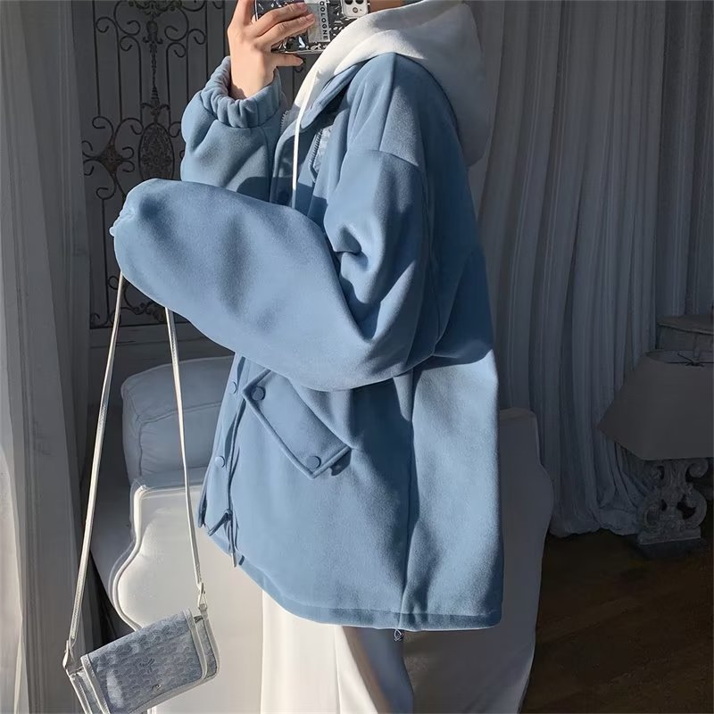 Otoño e invierno sueltos estilo de Hong Kong bf falso abrigo de lana de dos piezas pareja masculina rompevientos con capucha abrigo de lana guapo de moda