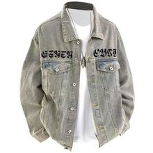 春秋款高街黄泥染复古做旧牛仔外套男潮牌梵文设计情侣工装夹克