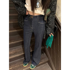 欧陽水洗いマイクロラップジーンズ女性冬高腰直筒長ズボン修身ラッパズボン復古ズボン