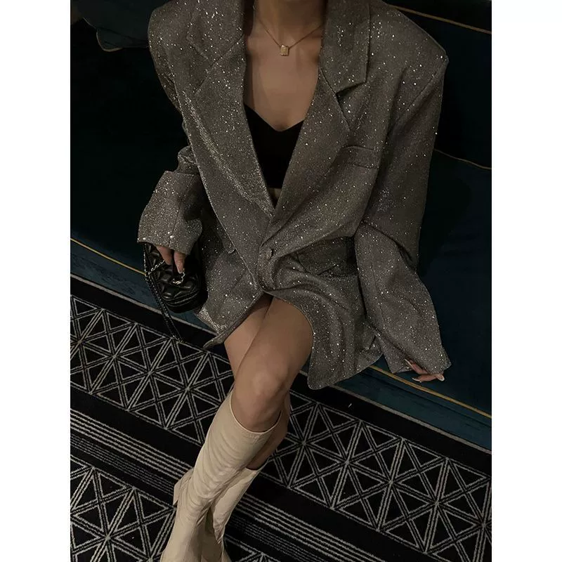 Женская одежда большого размера 200 фунтов, толстый MM, большой размер 300 европейских станций весной блестки костюм средней и длинной куртки для женщин